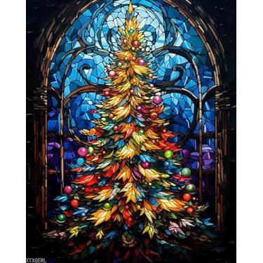 Imagem de XTXGERL Kits de presente de pintura a óleo para adultos, vitrais, árvore de Natal, pintura por números em tela, kit de pintura acrílica DIY, kits de presente pré-impressos, 40 x 50 cm