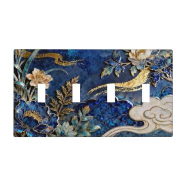 Imagem de WUYOCHA Placa decorativa para interruptor de luz, azul, branca, linha dourada, nuvem, 4 gangs, placas de parede para tomadas elétricas, capas de placa de interruptor quádrupla, capas de tomada para