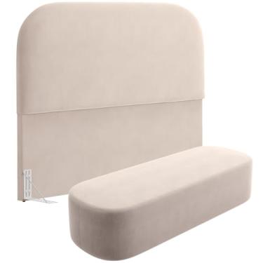 Imagem de Cabeceira Cama Box Queen 160cm Lanna com Puff Recamier Doha W01 Suede Bege - Lyam Decor