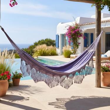 Imagem de Rede de Dormir Casal Jeans, 100% Algodão, Capacidade 180kg, Lilás com Branco, Varanda Macramê, 4,20m x 1,70m, 1,8kg, Tamanho Casal