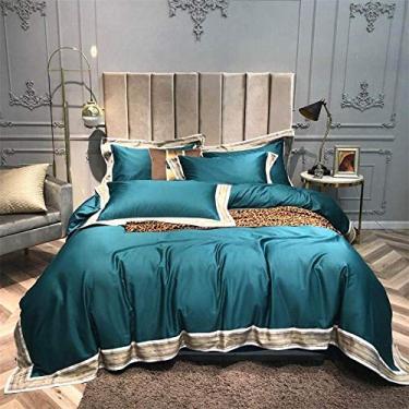 Imagem de Jogo de cama de algodão de fibra longa cetim digital azul céu borda emenda conjunto de lençol fronha cor 2 tamanho queen 4 peças (cor 1 tamanho queen 4 peças)