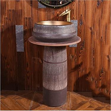 Imagem de Pia de lavatório de banheiro artística com pedestal completo Pia de lavatório de banheiro tradicional de cerâmica com pedestal completo e um orifício de torneira Bacia luxuosa Unidade de lavatório de