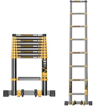 Imagem de OKUOKA Escada de extensão telescópica alta com barra estabilizadora e rodas, escada dobrável extensível portátil para barraca de telhado de sótão (tamanho: 3,5 m/11,5 pés)