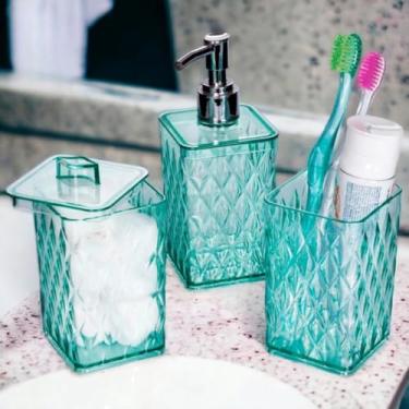 Imagem de Kit Banheiro 4 Peças em Acrílico – Conjunto Completo com Dispenser, Porta Escovas, Porta Algodão e Bandeja | Decoração Glamour para Banheiro e Lavabo(VERDE ÁGUA)