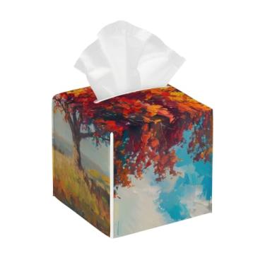 Imagem de Caixa de lenços de couro quadrada à prova d'água com pintura de céu de árvore de outono, organizador de papel facial com cinto inferior, estojo de lenços para mesa, banheiro, escritório, mesa, carro