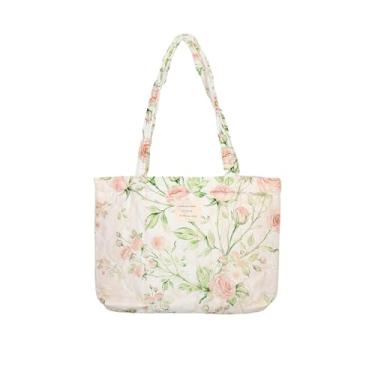 Imagem de MSGHER Bolsa De Ombro Feminina Algodão Acolchoado Com Estampa Floral, Tamanho Médio, Grande Capacidade, Design Grosso, Tote A020 (Bege)
