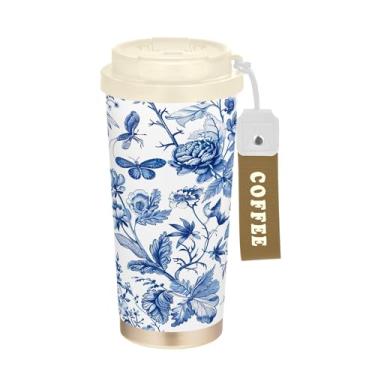 Imagem de SEHANY Caneca de viagem de pássaro de flor branca azul 482 g Copos de café reutilizáveis revestidos de cerâmica com tampa à prova de vazamento, parede dupla, isolamento a vácuo, copo de café de aço