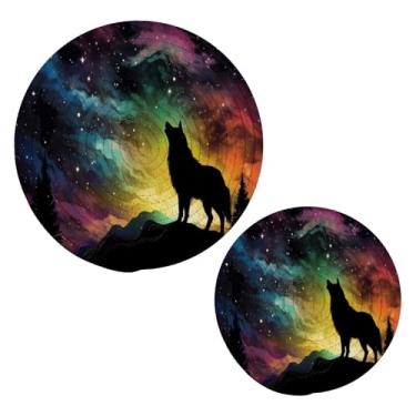 Imagem de KEEPREAL Dreamscapes Wolf Trivets para pratos quentes - Conjunto de 2 peças de suportes de panela de algodão trançado resistente ao calor - porta-copos redondos para cozinhar, assar #140