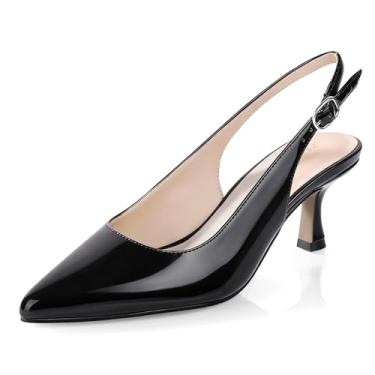 Imagem de Ankis Sapato feminino com salto gatinho fechado bico fino sapato social festa casamento casual 6,3 cm, Patente preta, 36