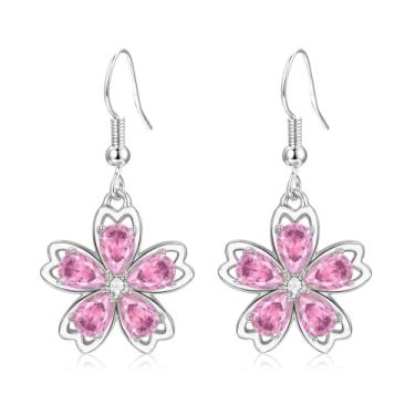 Imagem de VONSSY Colar de flor de cerejeira rosa, brincos de flor de cristal de zircão cúbico, pingente de flora Sakura, corrente banhada a ouro 18 quilates, conjunto de joias de prata para presente para mulher