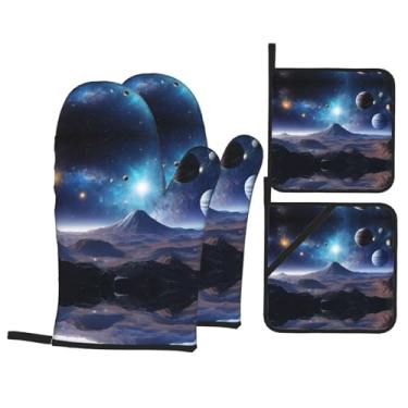 Imagem de Space Planet - Conjunto de luvas de cozinha estampadas com suportes de tampa, luvas de forno resistentes ao calor para manusear panelas quentes, grelhar, churrascos, kit de 4 peças.