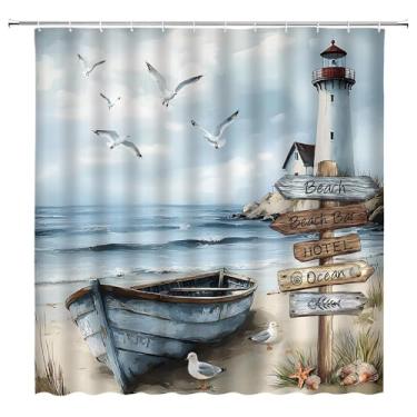 Imagem de UOZXOML Cortina de chuveiro náutica costeira oceano praia farol barco gaivota concha ervas daninhas selvagens onda do mar aquarela beira-mar azul azul-petróleo paisagem marítima tecido decoração