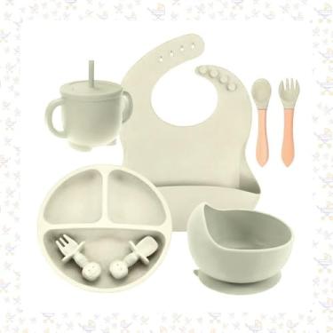 Imagem de Kit Introdução Alimentar Bebe 8 Peças Antiderrapante BPA Free Prato Dividido Talheres Copo e Babador Infantil Seguro Resistente e Fácil de Limpar (Off White)