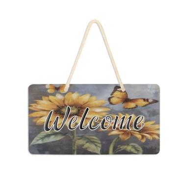 Imagem de Burbuja Placa de boas-vindas retrô com borboleta de girassol para porta da frente, placa de boas-vindas de PVC para decoração de férias, 15 x 28 cm