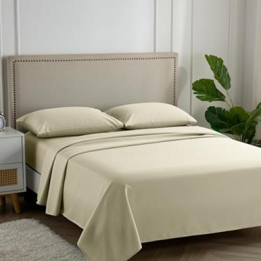 Imagem de Carressa Linen Jogo de lençol Queen 100% algodão egípcio - Conjunto de lençóis Queen de algodão egípcio 600 fios (4 peças, areia de praia) ultramacio, resfriamento, lençol de cama de hotel de luxo com