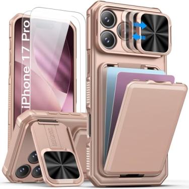 Imagem de SSLOTSCASE Capa para iPhone 17 Pro com 2 películas protetoras de tela, HD Clarity antiarranhões, suporte para cartão, suporte e capa de câmera deslizante, capa de telefone resistente de grau militar