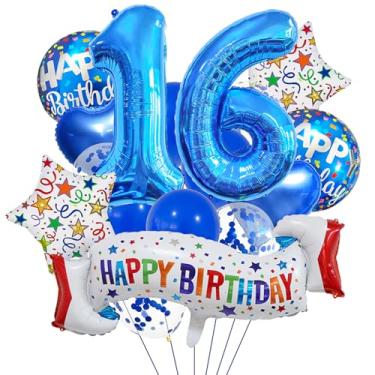 Imagem de Conjunto de decoração de aniversário de 16 anos, balão de coração azul de 16 anos, balão colorido de feliz aniversário de 16 anos para meninas, meninos, crianças, adultos, decoração de aniversário de