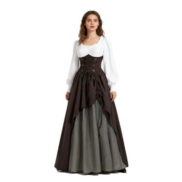 Imagem de Nuoqi Vestido vitoriano eduardiano para mulheres, fantasia renascentista dos anos 1800, blusa, saia, 2 peças, Marrom, M