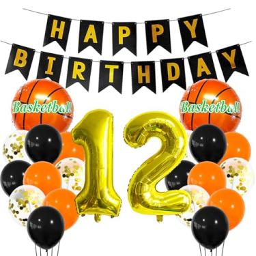 Imagem de Balão esportivo dourado de 12 anos, decoração esportiva de 12 anos, 12 anos, troféu de basquete, 12 balões, tema esportivo de basquete dourado, decoração de festa para crianças, meninos, decoração de