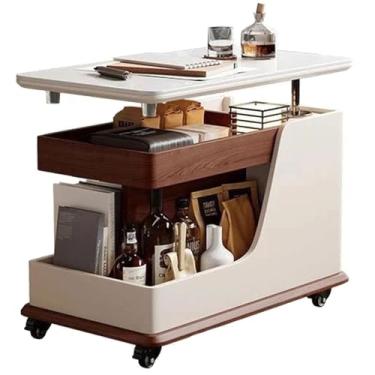 Imagem de ELQ Mesa de centro de madeira maciça com gaveta de armazenamento e prateleira aberta, altura ajustável com mesa rotativa de 360° e rodas giratórias, multifuncional (branca)