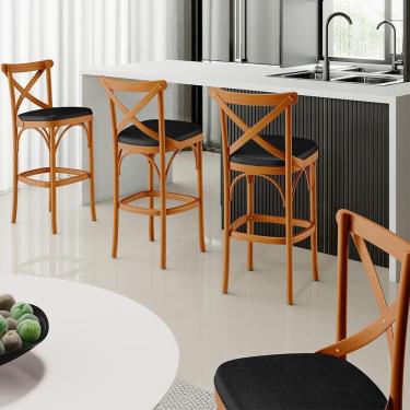 Imagem de Kit 06 Banquetas Altas Cozinha Bancada Bar Sala Jantar Estofada ávila L02 Couríssimo Preto - Lyam