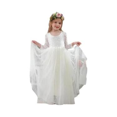 Imagem de Vestido De Renda Branco Para Dama De Honra, Manga Longa, Tule, Costas 