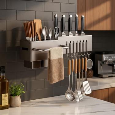 Imagem de Organizador Multiuso/Suporte de Parede/Porta Utensílios, Talheres e Porta Pano de Pratos com 8 ganchos 59cm, em metal, super resistente, moderno e funcional, sua cozinha muito mais charmosa!