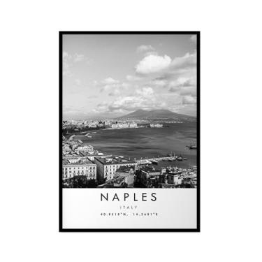 Imagem de Pôster de viagem preto e branco impressão paisagem da cidade do mundo pintura em tela Nápoles arte de parede decoração de casa (16 x 24 polegadas (40 x 60 cm), moldura para fotos)
