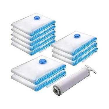 Imagem de Kit 3/5/10 Saco a Vacuo Organização de Roupas 50x60 Mala Viagem Guarda Roupa Bomba Manual(COM BOMBA,10 SACOS)