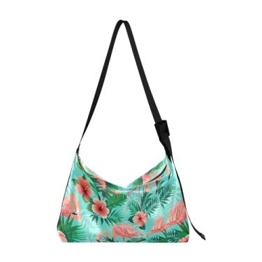Imagem de Linda bolsa Hobo de couro PU com folhas de coala, grande, design de folhas, estampa de folhas, bolsa Hobo, Flamingo rosa, folhas verdes