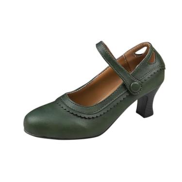 Imagem de Moda feminina casual verão cor sólida salto grosso renda bico redondo salto alto para mulheres estilo retrô, Verde, 35