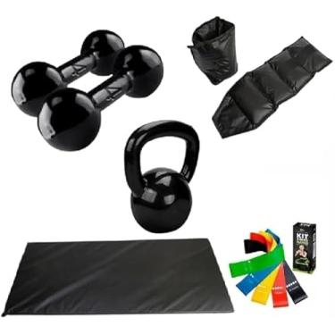 Imagem de Par Halter 1 kg + Kettlebell 4 kg + Tornozeleira 2 kg + Colchonete, cor Preto + 5 Elásticos Multitensão Coloridos