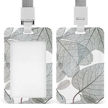 Imagem de Padrão sem costura com folhas transparentes em suporte de crachá de identificação branco com cordão, suporte de cartão de plástico com clipe de pressão removível para escritório de estudante
