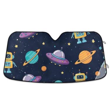 Imagem de Toldo de sol bonito amarelo azul robôs para para-brisa de carro engraçado universal retrátil caminhão auto carro sombra para para-brisa dianteiro M, 139.7 cm x 70.1 cm