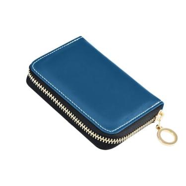 Imagem de Carteira feminina de couro, carteira de cartão de crédito, bloqueio de RFID, pequena bolsa de troca de zíper com chaveiro, azul marinho