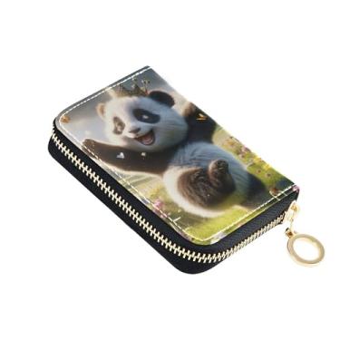 Imagem de Lindo urso panda floral carteira feminina com zíper ao redor do porta-cartão de crédito bloqueio RFID bolsa de moedas de couro com zíper e chaveiro