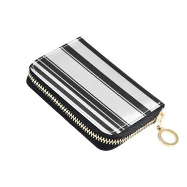Imagem de Carteira minimalista feminina com listras pretas e brancas pequenas para cartões de crédito, carteira de couro com bloqueio de RFID e bolso para moedas