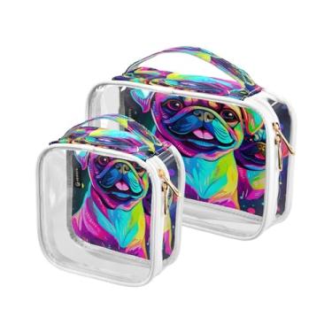 Imagem de GAIGEO Papagaios em folhas de palmeira e flores bolsa de cosméticos impermeável, sacos de higiene pessoal transparentes para viagens para mulheres, pacote com 2, Cute Pugs Colorful Dog-1, one size