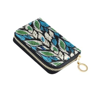Imagem de Carteira feminina artística Ikat azul e verde para cartões de crédito pequena carteira masculina compacta com bloqueio de RFID com bolso para moedas