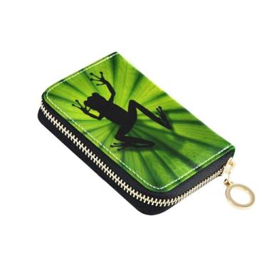 Imagem de Carteira feminina fofa de sapo preto, folha verde, porta-cartões de couro, com bloqueio de RFID, zíper ao redor, carteira masculina com bolso para moedas
