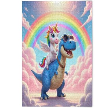 Imagem de Quebra-cabeça de dinossauro azul unicórnio arco-íris fofo 500 peças presentes tecnológicos adultos para amantes, quebra-cabeça família prime, paisagem, arte animal, 500 peças, 52 x 37,8 cm