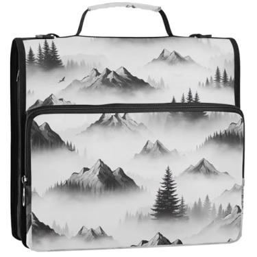Imagem de 3 fichários com 3 anéis de 3,8 cm, montanhas e árvores, bolsa organizadora de fichários escolares com alça de ombro, carteira profissional e suporte de pasta de anel, 34,5 x 31,5 x 9 cm