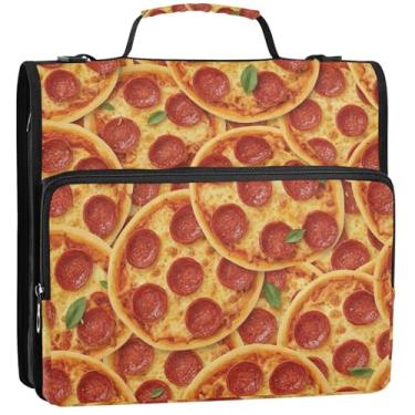 Imagem de Organizador de fichário com zíper, estampa de pizza e queijo, 3 anéis, bolsa escolar durável com alça de ombro, suporte para 500 folhas, 34,5 x 31,5 x 9 cm