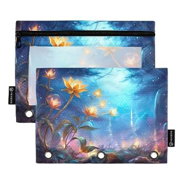 Imagem de Beautiful and Dreamy Flowers Bolsa com zíper para fichário de 3 anéis, bolsa de lápis de 3 furos para fichário, para sala de aula, pacote com 2