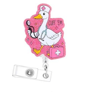 Imagem de Bellrela Porta-crachá retrátil, design de pato de enfermeira com texto cuff 'em, glitter rosa, clipe jacaré de 360 graus, cordão de nylon de 73 cm