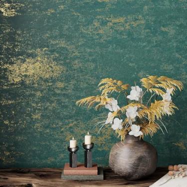 Imagem de VEELIKE Papel de parede metálico dourado azul-petróleo envelhecido Papel de parede de concreto de gesso para parede de destaque de quarto 40 x 395 cm, autoadesivo, removível, azul-petróleo metálico