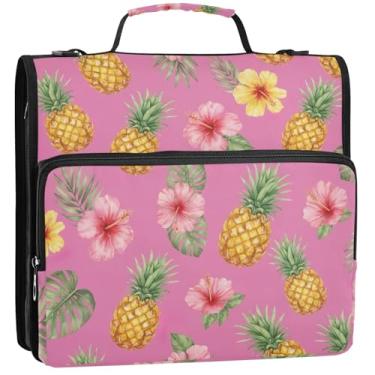 Imagem de Organizador de fichário de abacaxi, amarelo, rosa, 3 anéis, 3 argolas, bolsa resistente para fichários do ensino médio com alça para portfólio para 500 folhas, 34,5 x 31,5 x 9 cm