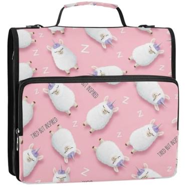 Imagem de Organizador de fichário com zíper impresso, 3 fichários de 3,5 cm, anel D branco lhamas unicórnio, portfólio e estojo, suporte para pasta de anel, bolsa escolar com alça de ombro, 34,5 x 31,5 x 9 cm