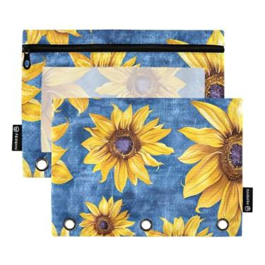 Imagem de GAIGEO Pasta de lápis azul floral de girassol vibrante com 3 anéis, bolsa de lápis, fichário transparente, bolsos transparentes para estudantes, 25 x 18 cm, 2 pacotes