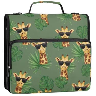 Imagem de Organizador de fichário com zíper, girafa divertida, 3 anéis, bolsa floral para fichários escolares com alça de ombro, estojo com alça, 34,5 x 31,5 x 9 cm